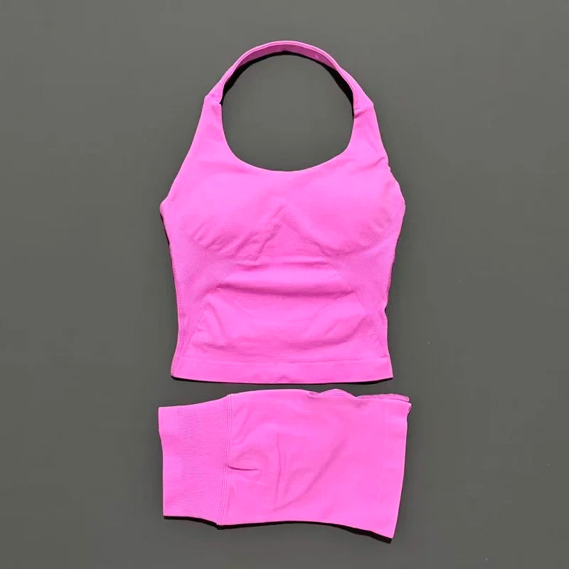 2 Piece Yoga Set Women Backless Halter Top High Waist Seamless Shorts Gym Suit Fitness Sportswear Workout Sets