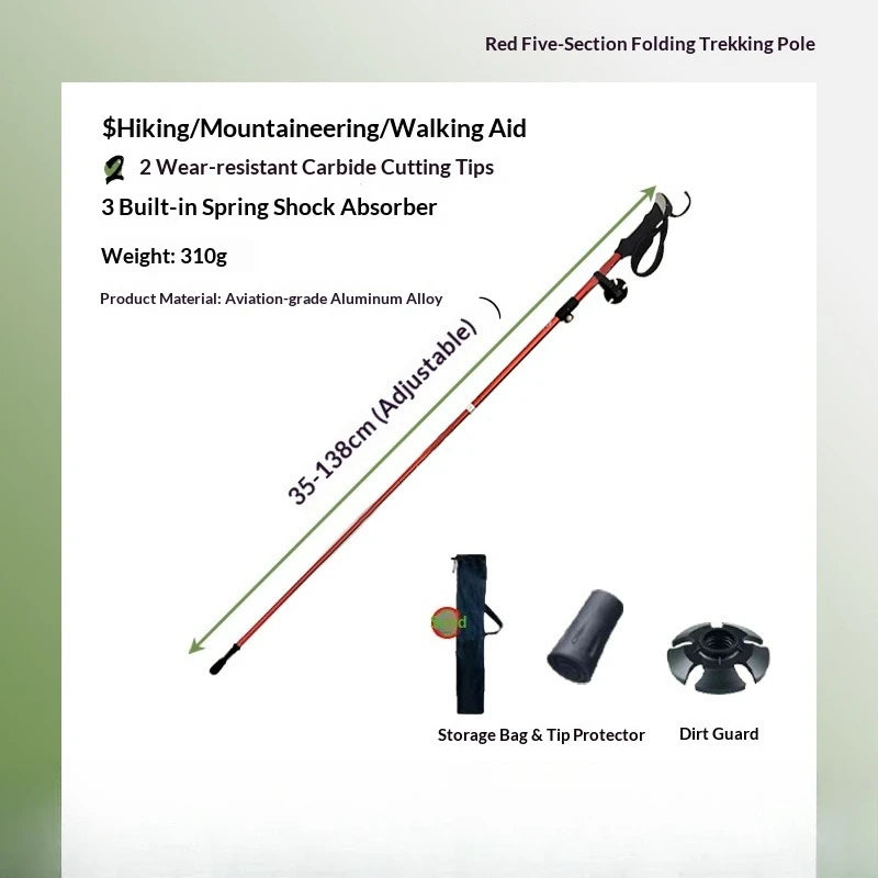 Shock-Absorbent 5-Fold Hiking Pole Wear-Resistant Carbide Tips Aviation-Grade Aluminum for Mountain Climbers Mountaineering Expeditions walking stick hiking accessories hiking poles trekking poles