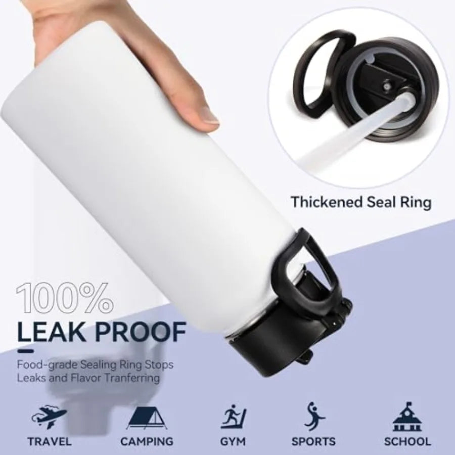 32 oz Insulated Water Bottles Bulk with 2 Lids Straw and Spout Lid,Stainless Steel Double Wall Water Bottle, Keeps Cold 24H and