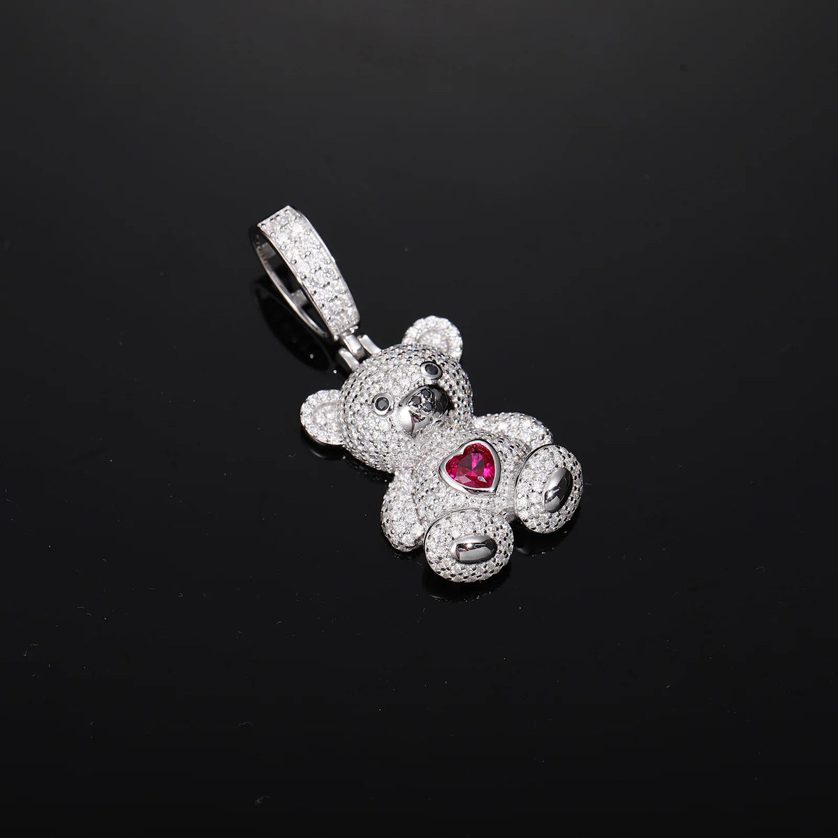925 Sterling Silver Iced Out Moissanite Teddy Bear Pendant Necklace, Inlaid Red Heart Gem 3D Bear Hip Hop Charm for Men Women, Full Paved Sparkling Street Rap Jewelry, Romantic Gift for Anniversary Birthday Party Daily Wear