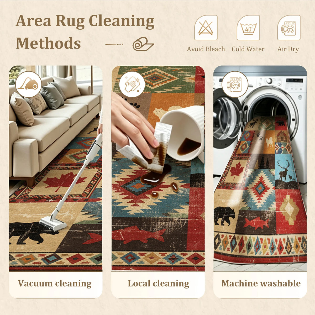 Rustic Wildlife Patchwork Area Rug with Bear Moose Maple Leaf Tribal Geometric Prints, Velvet, Machine Washable, Suitable for Living Room, Bedroom, Entryway, Cabin, Ideal for Halloween, Thanksgiving, Christmas, New Year, Blac