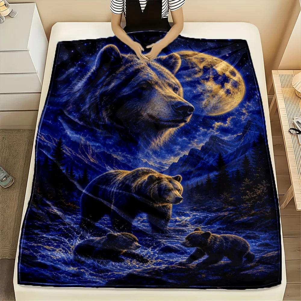 1pc Blue Moon Bear Family Flannel Blanket - Heavyweight 280GSM Ultra Soft Warm Suitable for - Bedspread, Cozy Winter Throw for Bed, Sofa, Dorm & Car, Machine Washable Bedding Gift for &, Adorable Bear Print