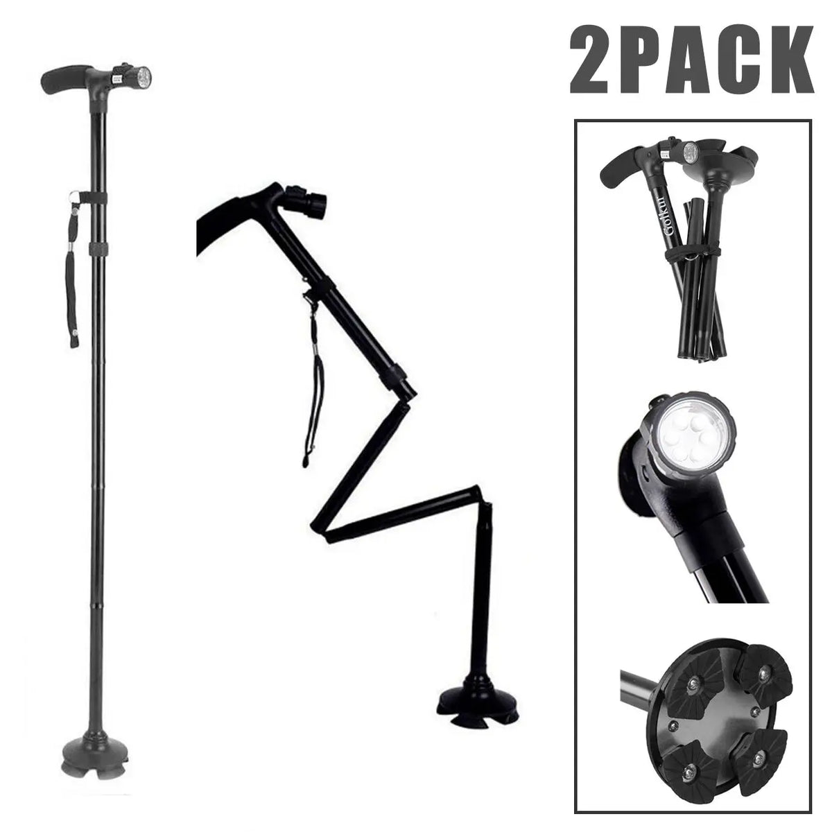 (2 Pack)5-Levels Adjustable Height Walking Stick Portable Foldable Cane Travel Camping Hiking Walking Cane W/LED Hot