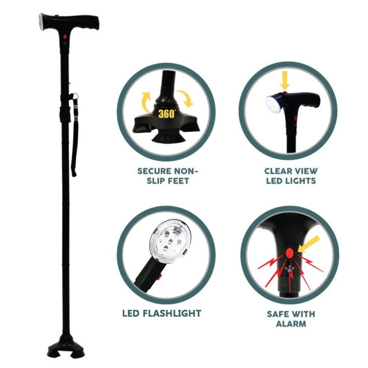 Adjustable Foldable Walking Cane with LED Light & Alarm, Lightweight All Terrain Walking Stick with Side Handle, Smart Stable Mobility Aid Cane for Seniors Adults, Non-Slip Base for Indoor Outdoor Travel Daily Use