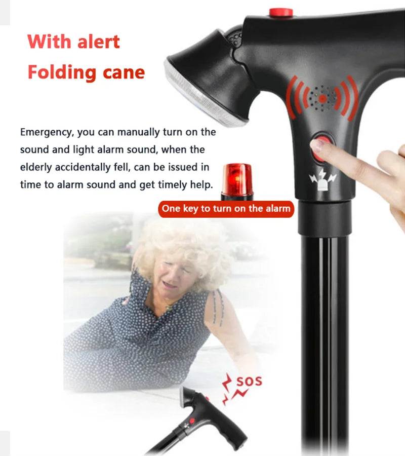 Adjustable Foldable Walking Cane with LED Light & Alarm, Lightweight All Terrain Walking Stick with Side Handle, Smart Stable Mobility Aid Cane for Seniors Adults, Non-Slip Base for Indoor Outdoor Travel Daily Use