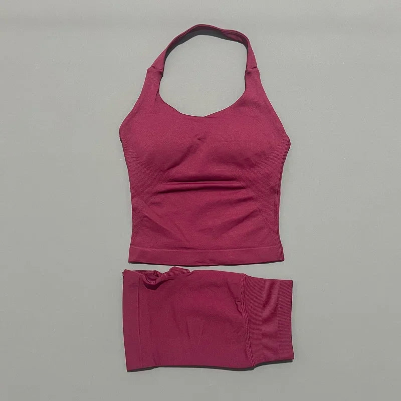 2 Piece Yoga Set Women Backless Halter Top High Waist Seamless Shorts Gym Suit Fitness Sportswear Workout Sets