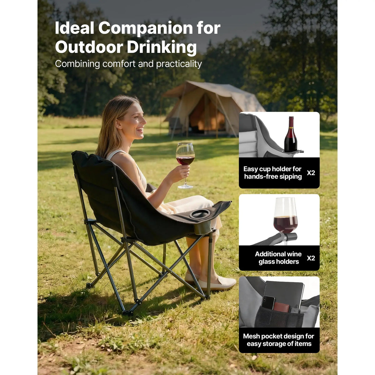 SucceBuy Oversized Camping Chairs Portable Padded Folding Camp Chairs with Cup Holders Wine Glass Holders for Outdoor Fishing