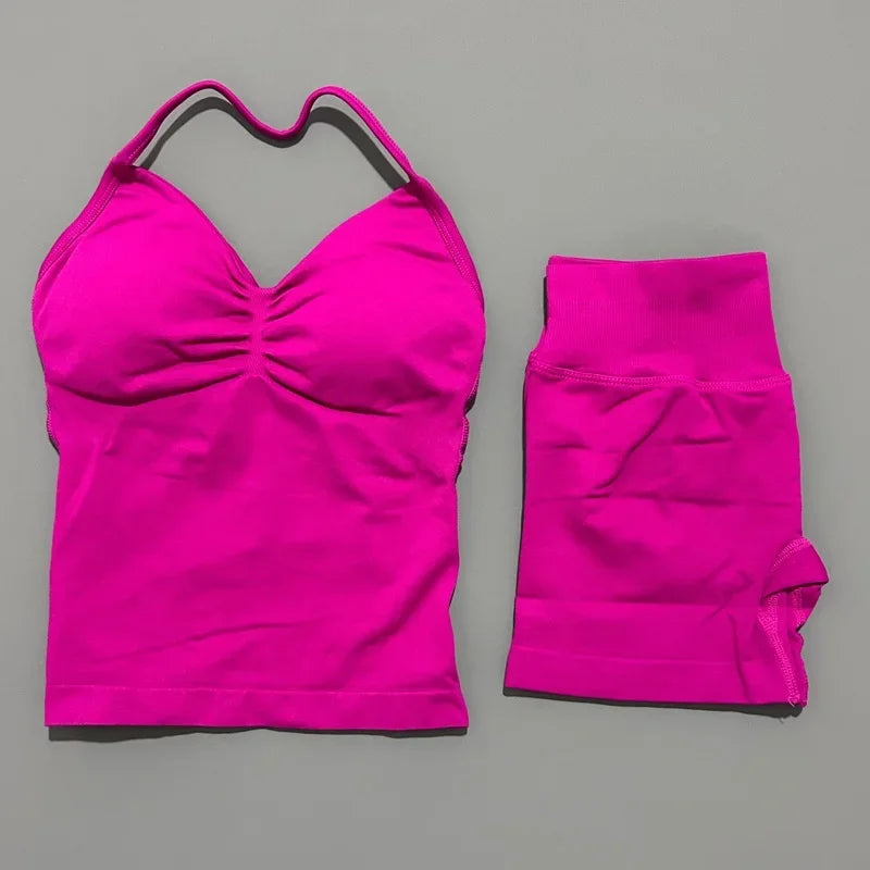 2 Piece Women Sports Set Backless Halter Tank Top High Waist Seamless Stretch Shorts Gym Fitness Workout Outfit