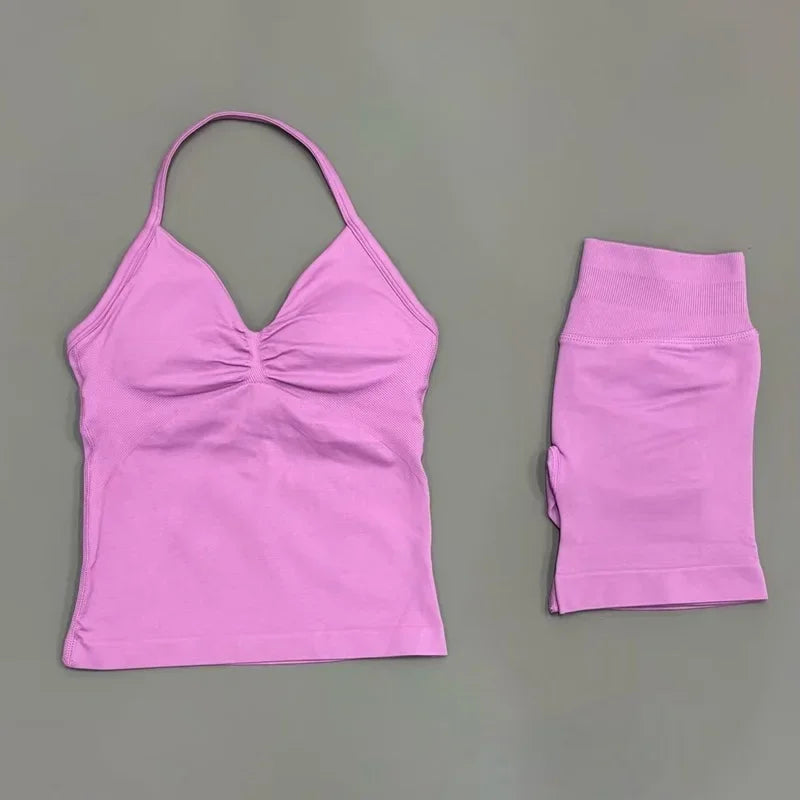 2 Piece Women Sports Set Backless Halter Tank Top High Waist Seamless Stretch Shorts Gym Fitness Workout Outfit