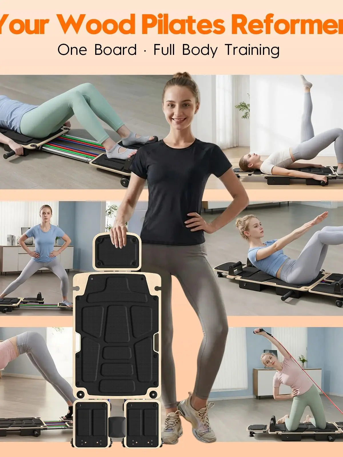 5-in-1 Pilates Reformer-Dual Foot Pads, Smooth Rail, Adjustable Headrest 110-190cm, Full-Body Home Gym