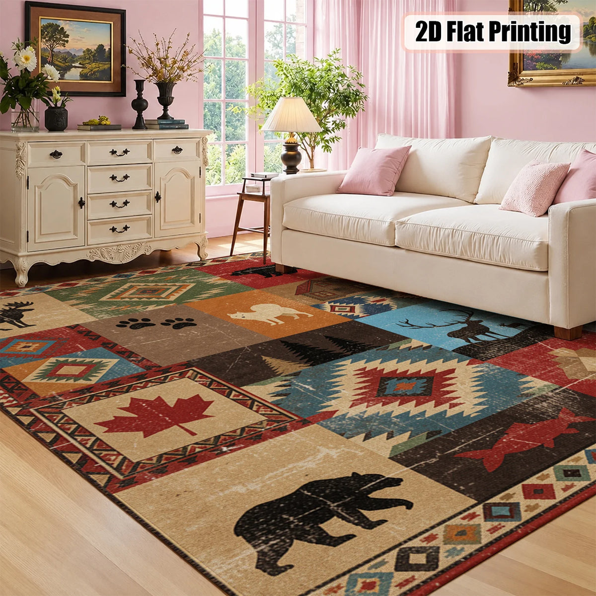 Rustic Wildlife Patchwork Area Rug with Bear Moose Maple Leaf Tribal Geometric Prints, Velvet, Machine Washable, Suitable for Living Room, Bedroom, Entryway, Cabin, Ideal for Halloween, Thanksgiving, Christmas, New Year, Blac