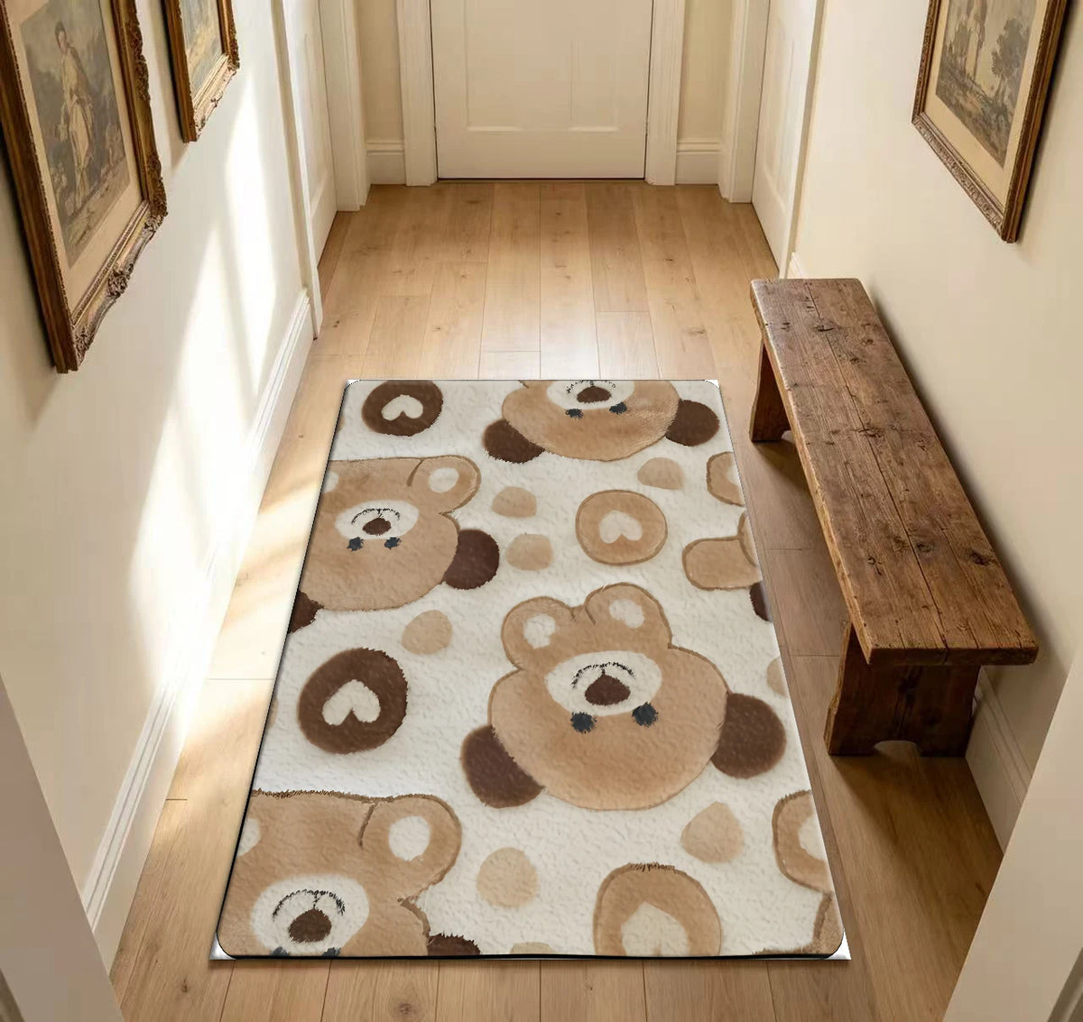 Cute Brown Bear Cartoon Print Soft Kids Bedroom Decor Area Rug