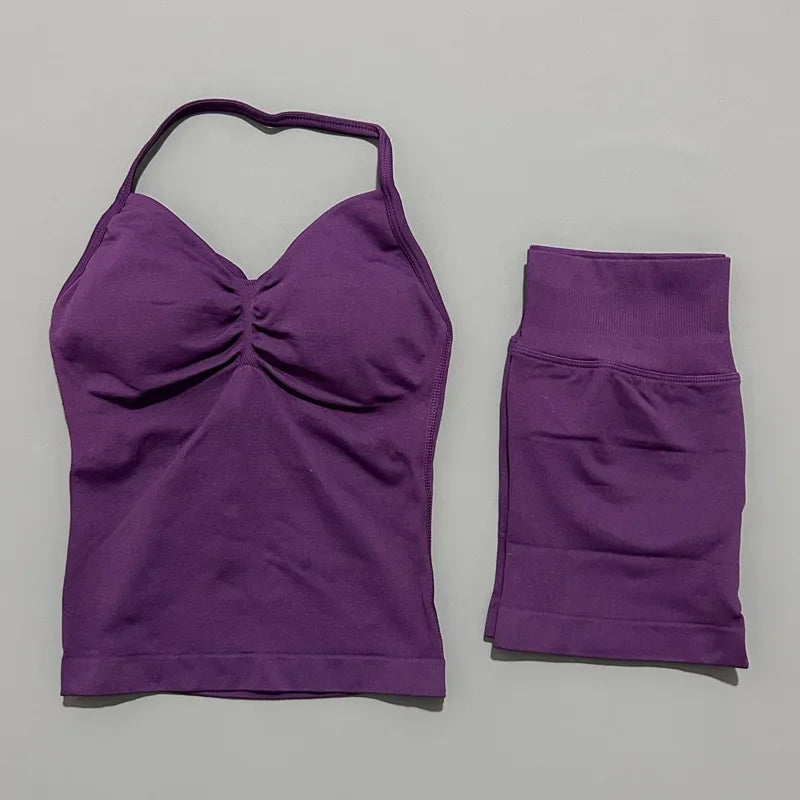 2 Piece Women Sports Set Backless Halter Tank Top High Waist Seamless Stretch Shorts Gym Fitness Workout Outfit