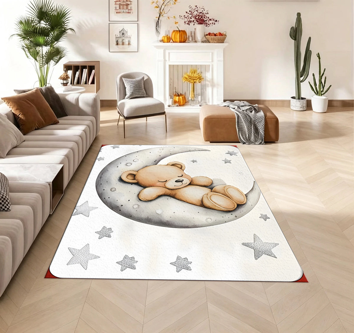 Cute Sleeping Bear Moon Star Print Carpet Baby Room Floor Mat Children's Carpet