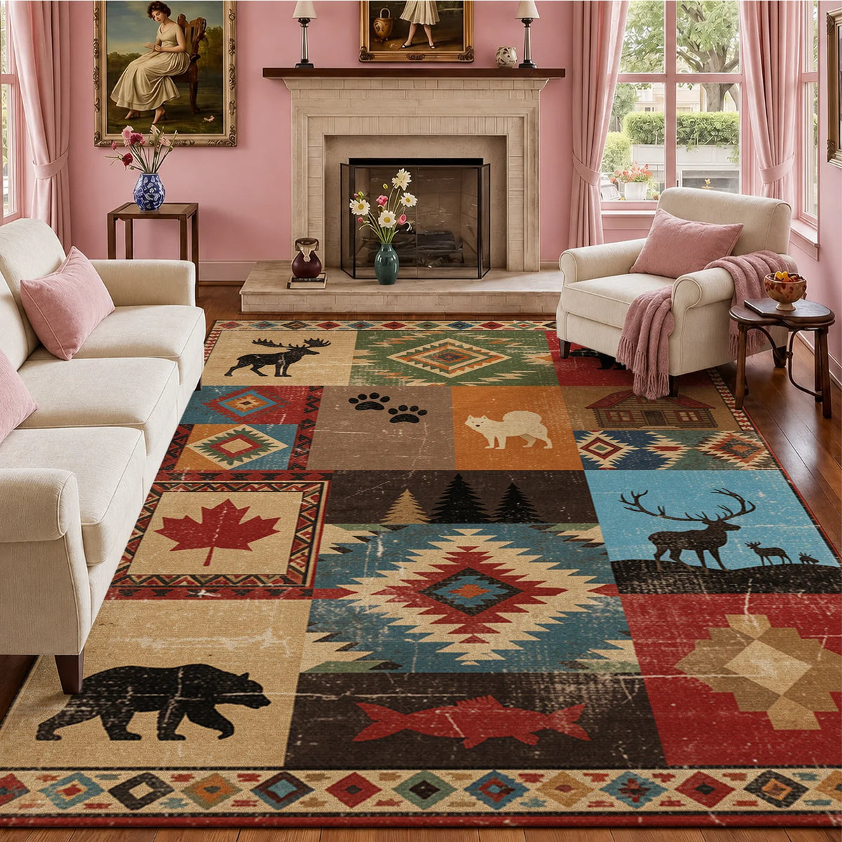 Rustic Wildlife Patchwork Area Rug with Bear Moose Maple Leaf Tribal Geometric Prints, Velvet, Machine Washable, Suitable for Living Room, Bedroom, Entryway, Cabin, Ideal for Halloween, Thanksgiving, Christmas, New Year, Blac