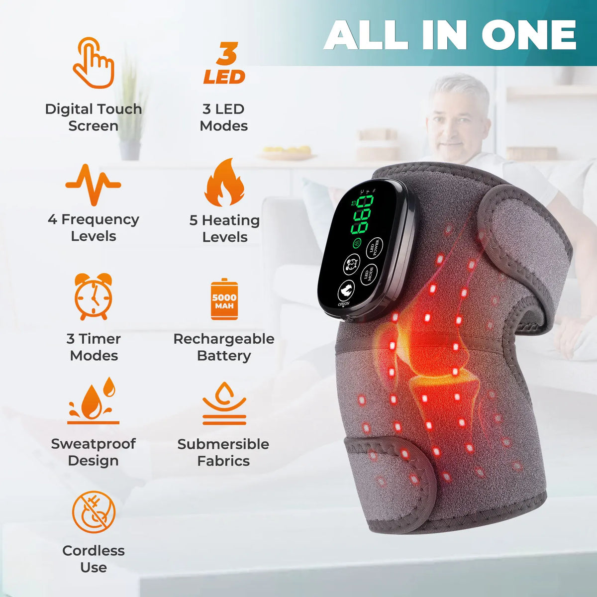 3-in-1 Heated Knee Wrap with 650nm&850nm Red Light, Cordless 5000mAh Knee Massager for Shoulder Elbow, Leg Joint Brace Muscle Relax