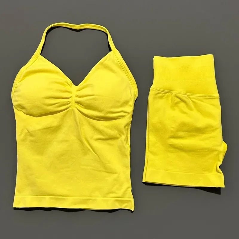 2 Piece Women Sports Set Backless Halter Tank Top High Waist Seamless Stretch Shorts Gym Fitness Workout Outfit