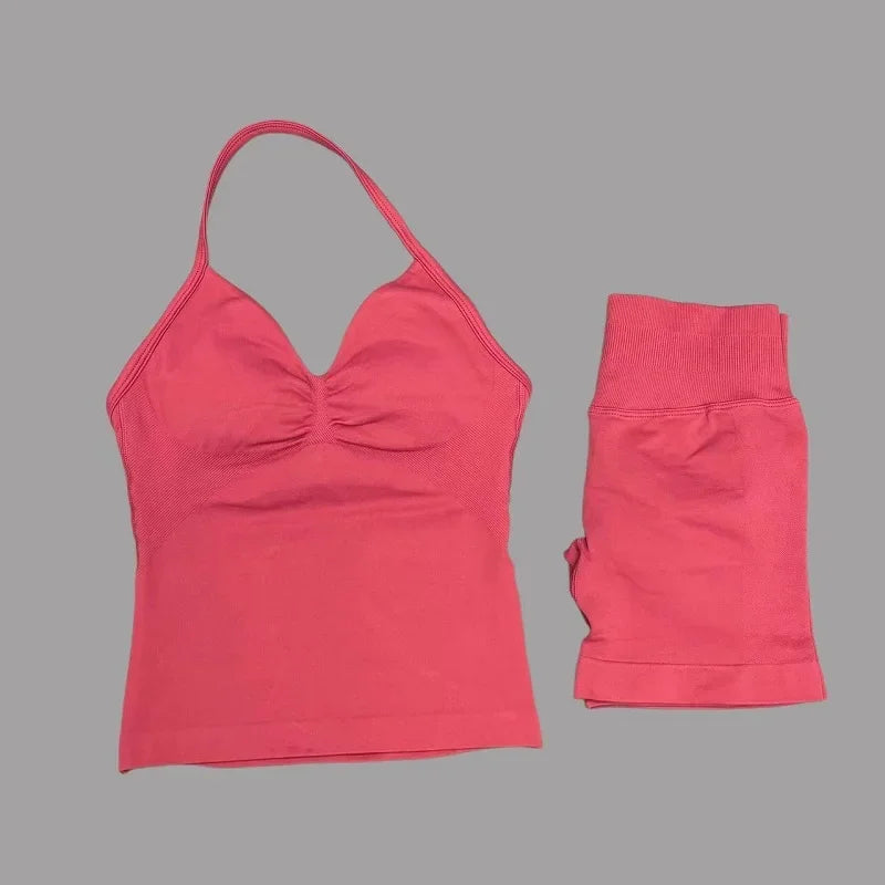 2 Piece Women Sports Set Backless Halter Tank Top High Waist Seamless Stretch Shorts Gym Fitness Workout Outfit