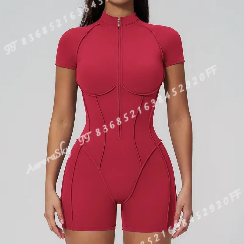2026 Women Yoga Bodysuit Short Sleeve Zipper Jumpsuit Gym Tracksuit Sports Workout Romper Fitness One Piece Activewear Suit