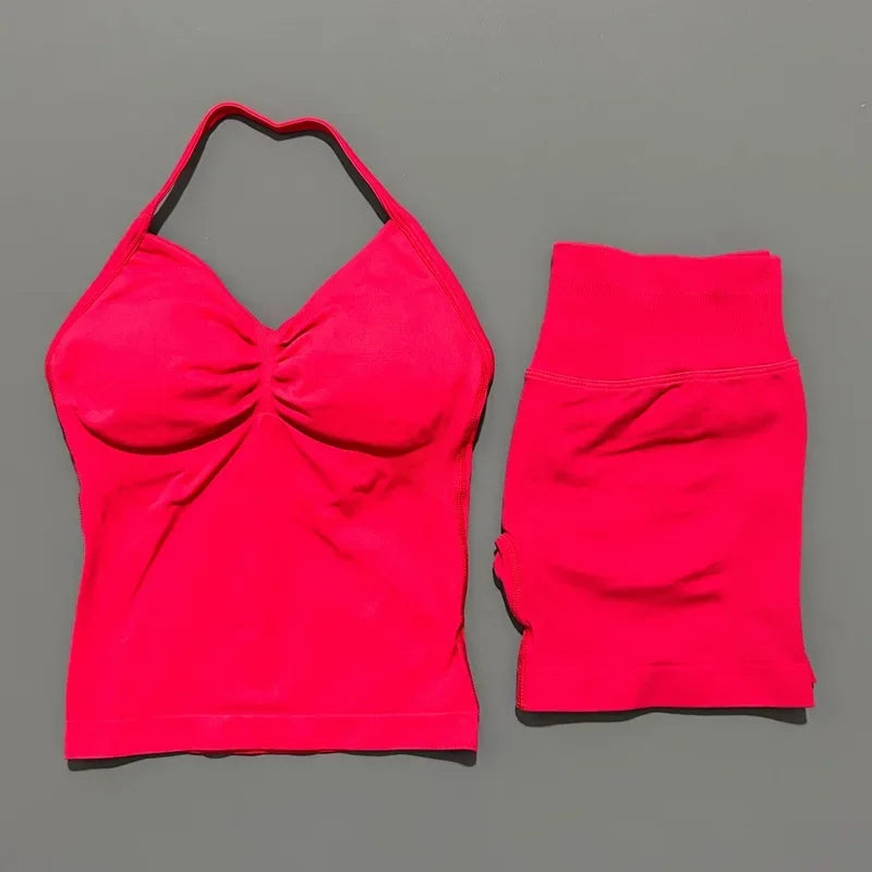 2 Piece Women Sports Set Backless Halter Tank Top High Waist Seamless Stretch Shorts Gym Fitness Workout Outfit