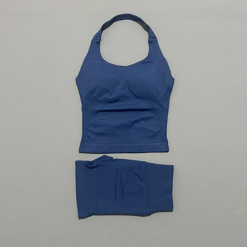2 Piece Yoga Set Women Backless Halter Top High Waist Seamless Shorts Gym Suit Fitness Sportswear Workout Sets