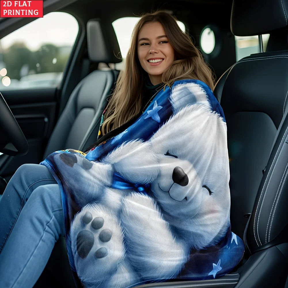 One Teddy Bear Design on a Blue Backdrop Blanket - a Lightweight Flannel Throw Suitable for The Sofa, Outdoor Use, Camping, Living Room, Office, Chair, And Bed - Features Digital Printing for a Soft And Cozy Feel, Perfect for