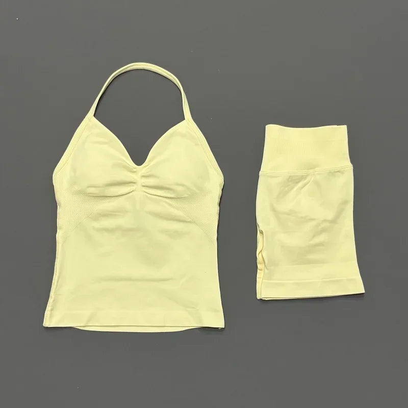 2 Piece Women Sports Set Backless Halter Tank Top High Waist Seamless Stretch Shorts Gym Fitness Workout Outfit
