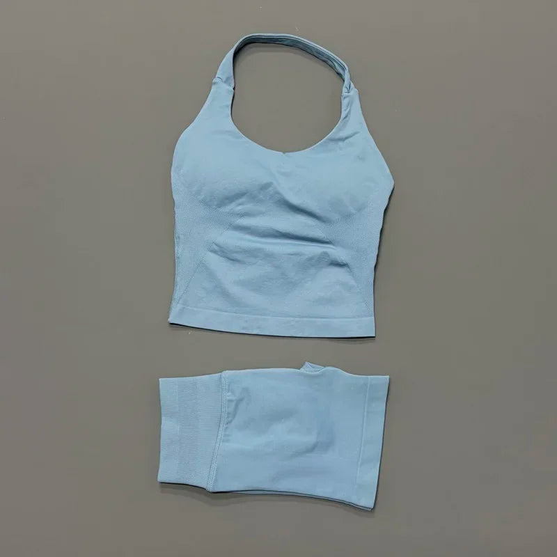 2 Piece Yoga Set Women Backless Halter Top High Waist Seamless Shorts Gym Suit Fitness Sportswear Workout Sets