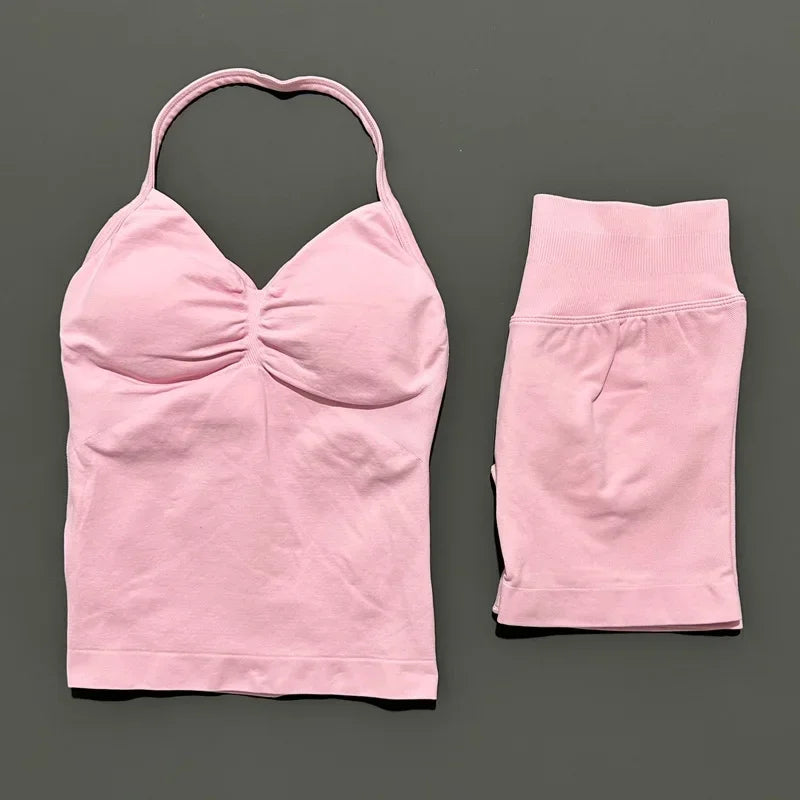2 Piece Women Sports Set Backless Halter Tank Top High Waist Seamless Stretch Shorts Gym Fitness Workout Outfit