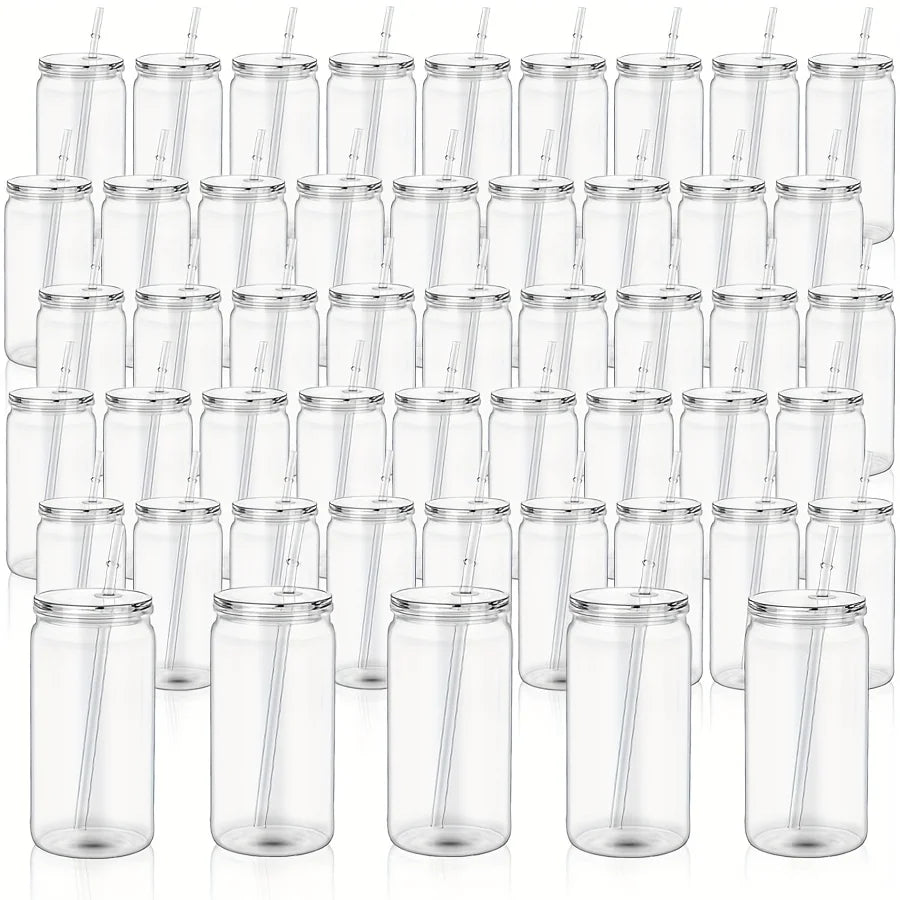 25/50 16 oz Single Layer Sports Cup, Christmas Plastic Juice Bottle with Sealed Lid and Straw, Clear Mason Bottle, Large Capacity Beverage Bottle (for Smoothies), Juice Shake Drink Cup, Bottle and Straw