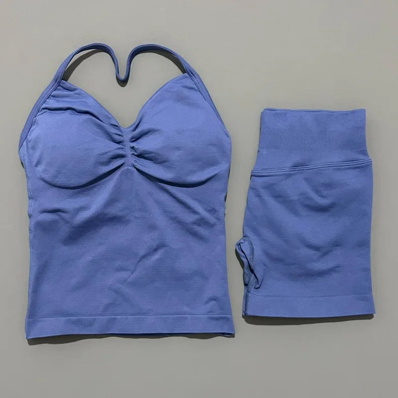 2 Piece Women Sports Set Backless Halter Tank Top High Waist Seamless Stretch Shorts Gym Fitness Workout Outfit