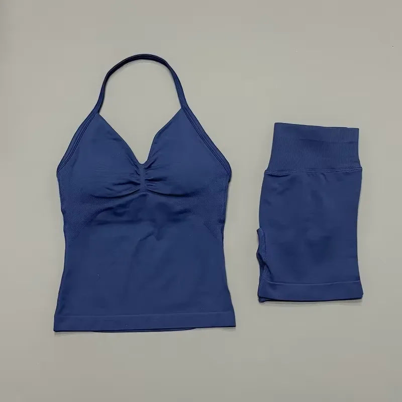 2 Piece Women Sports Set Backless Halter Tank Top High Waist Seamless Stretch Shorts Gym Fitness Workout Outfit