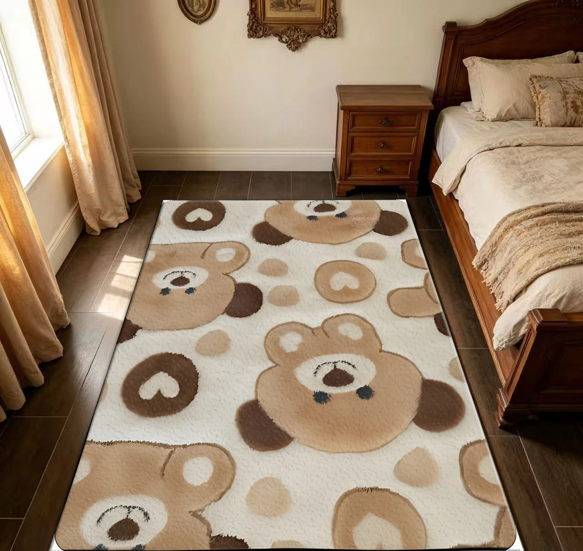 Cute Brown Bear Cartoon Print Soft Kids Bedroom Decor Area Rug