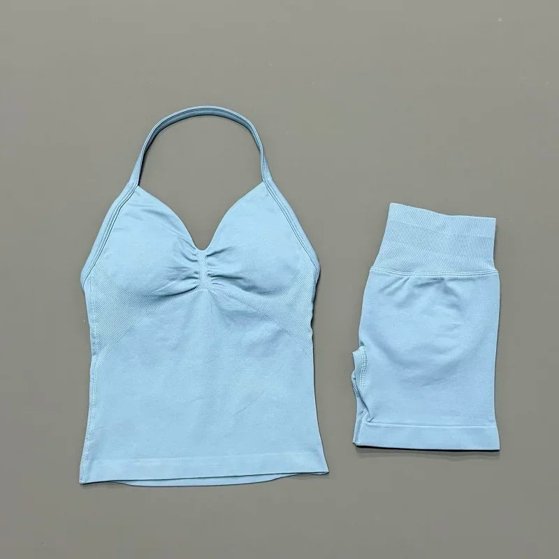 2 Piece Women Sports Set Backless Halter Tank Top High Waist Seamless Stretch Shorts Gym Fitness Workout Outfit