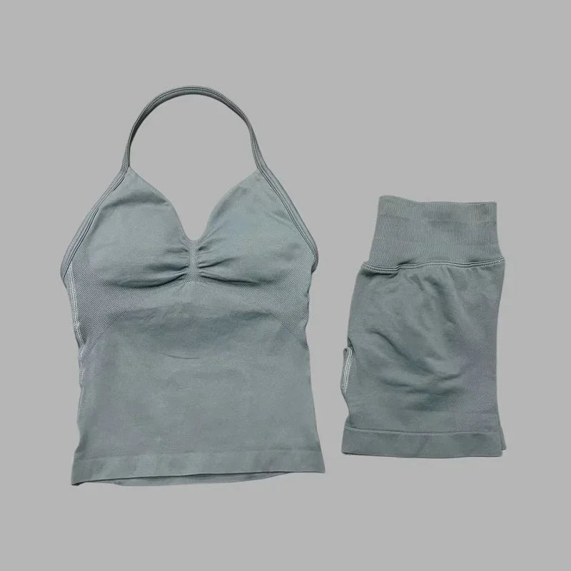 2 Piece Women Sports Set Backless Halter Tank Top High Waist Seamless Stretch Shorts Gym Fitness Workout Outfit