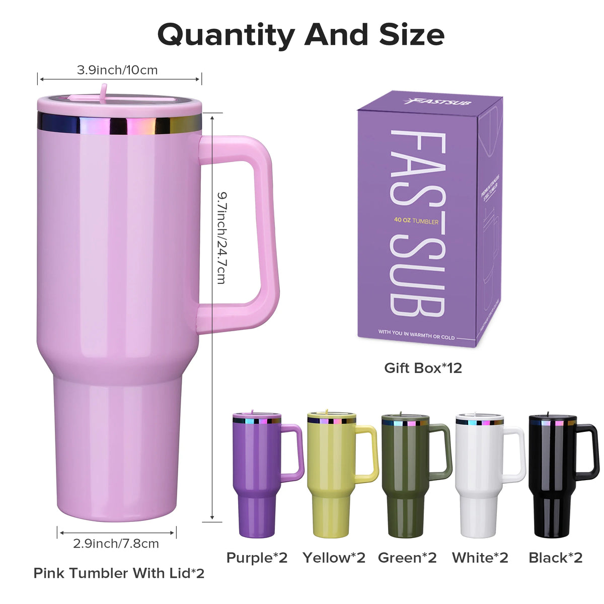 12 Pack 40 oz Rainbow Wide Mouth Tumbler with Handle, Suitable for Laser Engraving, Keeping Hot and Cold (Color Mixing)