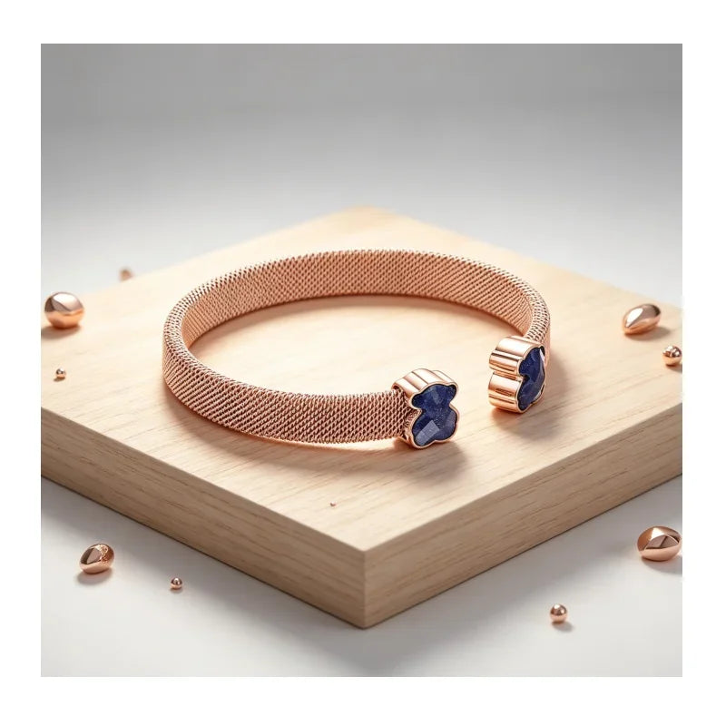 Rose Gold Mesh Cuff Bracelet with Blue Bear Stone Charms, Elegant Jewelry for Women