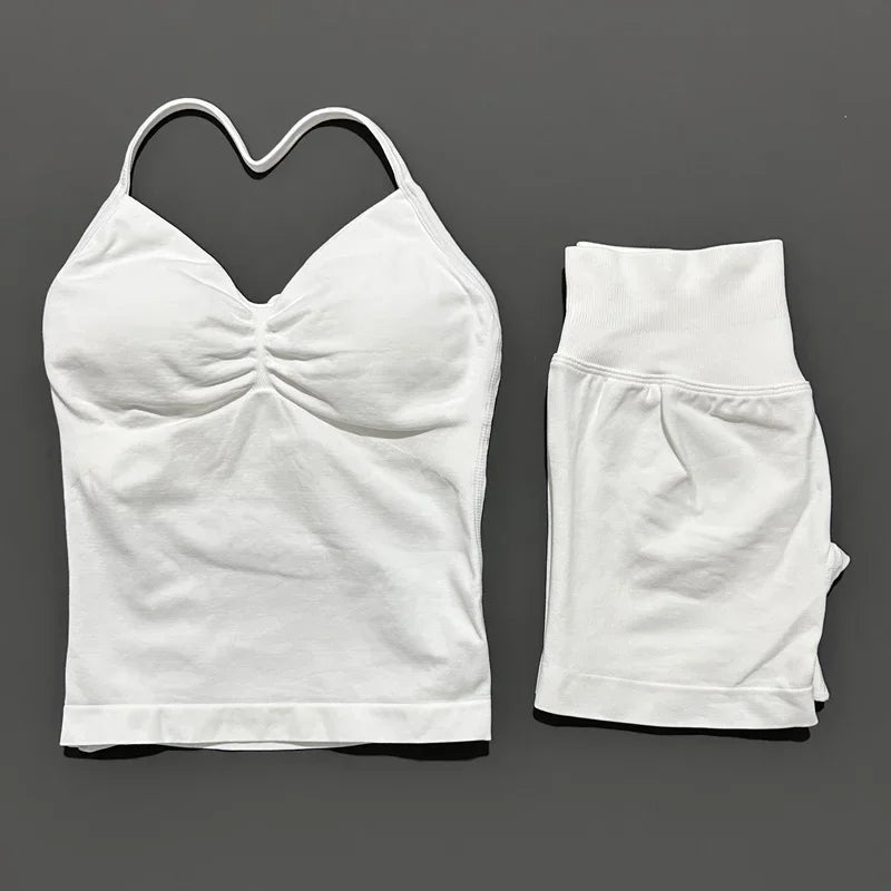 2 Piece Women Sports Set Backless Halter Tank Top High Waist Seamless Stretch Shorts Gym Fitness Workout Outfit