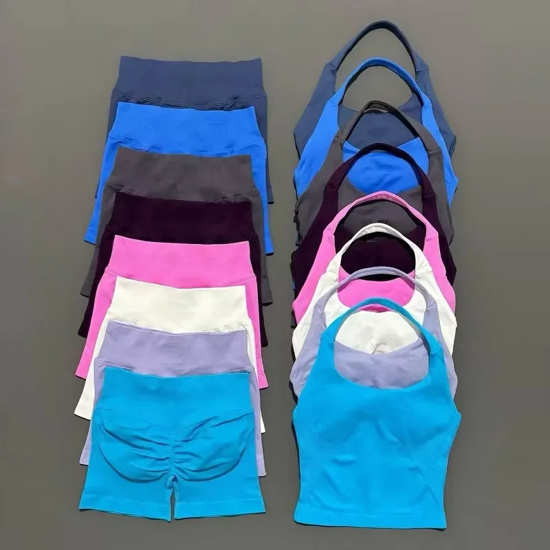 2 Piece Yoga Set Women Backless Halter Top High Waist Seamless Shorts Gym Suit Fitness Sportswear Workout Sets