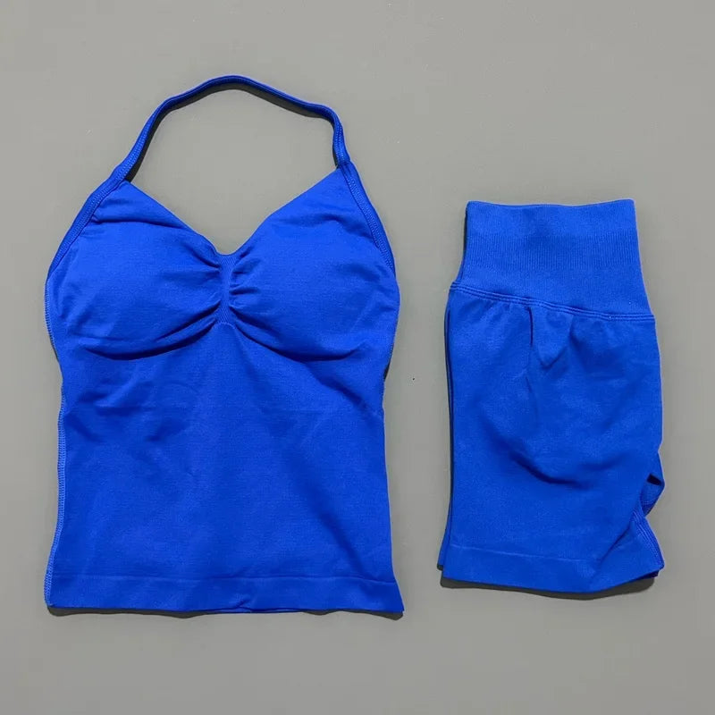 2 Piece Women Sports Set Backless Halter Tank Top High Waist Seamless Stretch Shorts Gym Fitness Workout Outfit