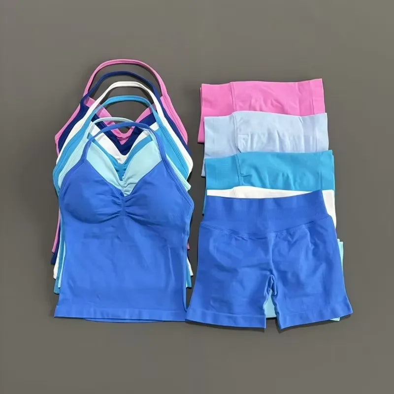 2 Piece Women Sports Set Backless Halter Tank Top High Waist Seamless Stretch Shorts Gym Fitness Workout Outfit