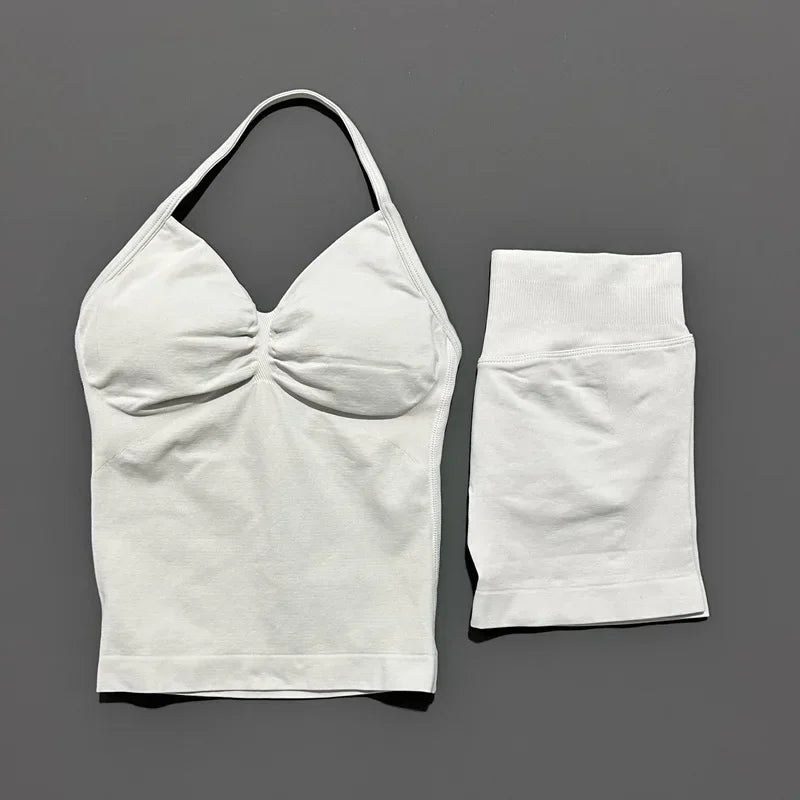 2 Piece Women Sports Set Backless Halter Tank Top High Waist Seamless Stretch Shorts Gym Fitness Workout Outfit