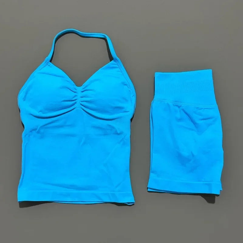 2 Piece Women Sports Set Backless Halter Tank Top High Waist Seamless Stretch Shorts Gym Fitness Workout Outfit