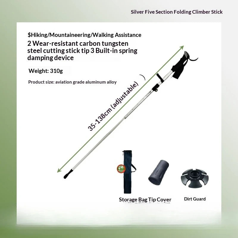 Shock-Absorbent 5-Fold Hiking Pole Wear-Resistant Carbide Tips Aviation-Grade Aluminum for Mountain Climbers Mountaineering Expeditions walking stick hiking accessories hiking poles trekking poles
