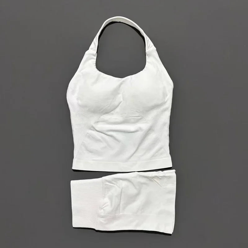 2 Piece Yoga Set Women Backless Halter Top High Waist Seamless Shorts Gym Suit Fitness Sportswear Workout Sets