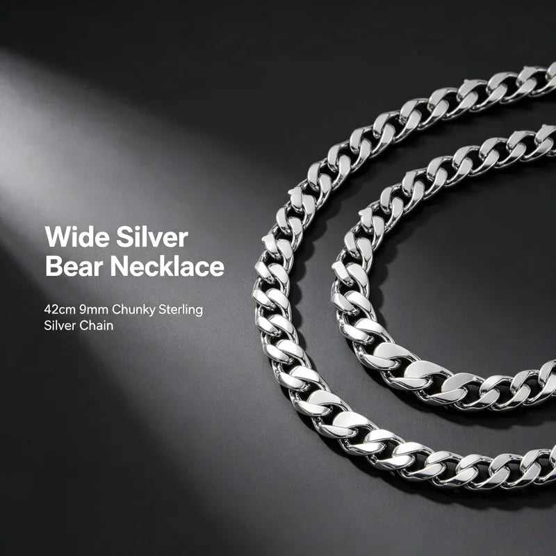 New Wide Silver Bear Necklace 42cm 9mm Chunky Sterling Silver Chain Statement Jewelry