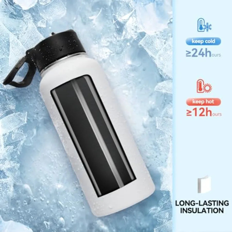 32 oz Insulated Water Bottles Bulk with 2 Lids Straw and Spout Lid,Stainless Steel Double Wall Water Bottle, Keeps Cold 24H and