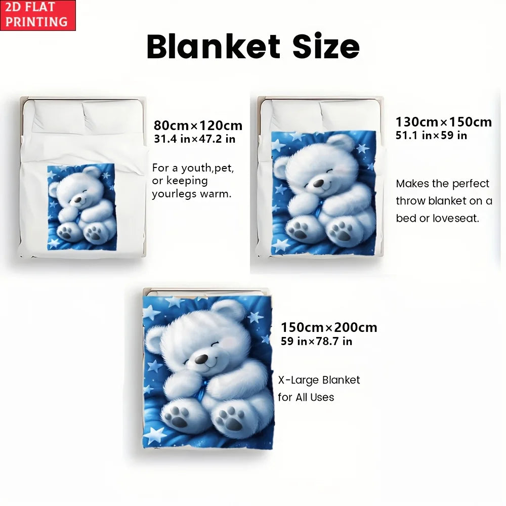 One Teddy Bear Design on a Blue Backdrop Blanket - a Lightweight Flannel Throw Suitable for The Sofa, Outdoor Use, Camping, Living Room, Office, Chair, And Bed - Features Digital Printing for a Soft And Cozy Feel, Perfect for