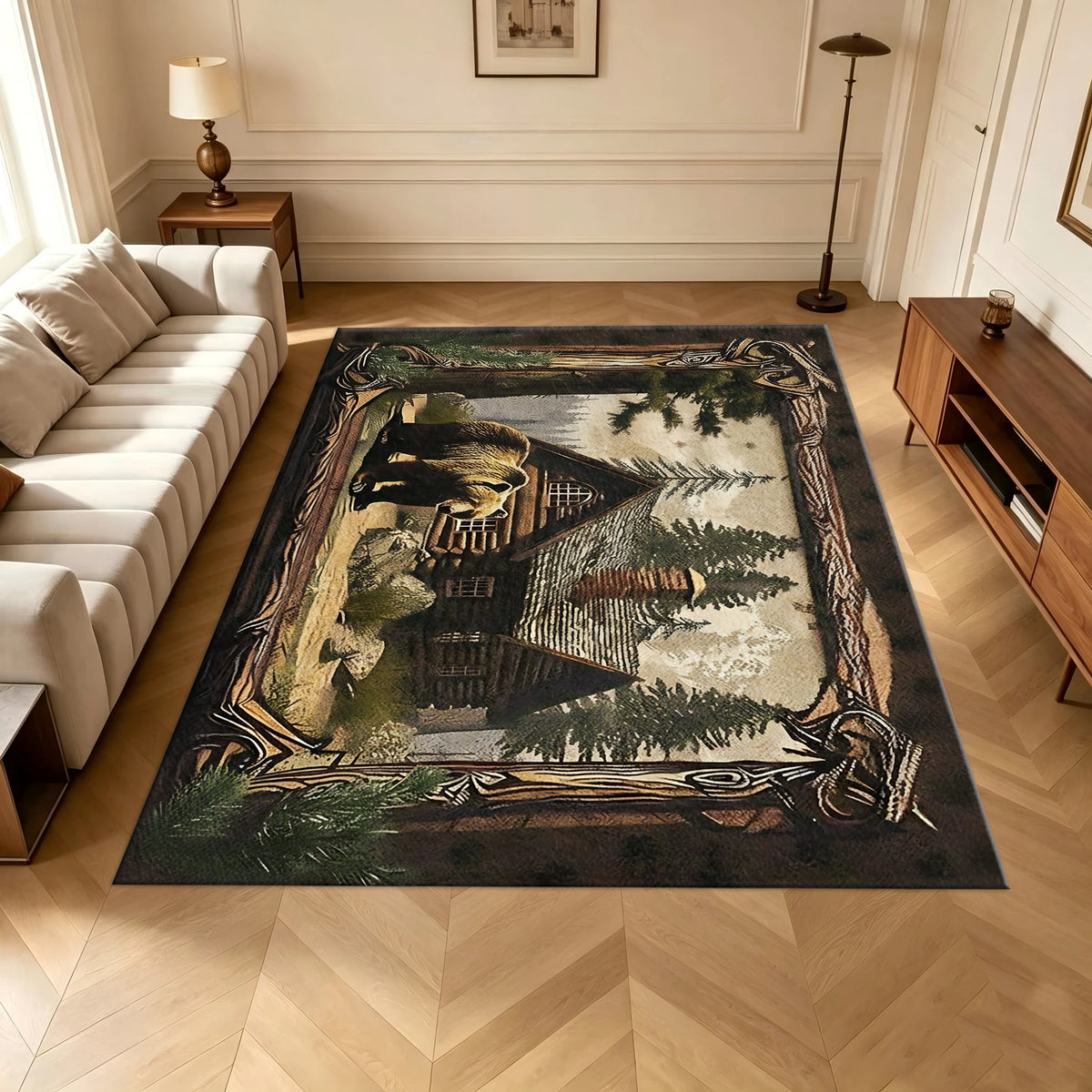 Rustic Style Cabin Bear Forest Print Carpet Mountain Wildlife Rug Home Carpet
