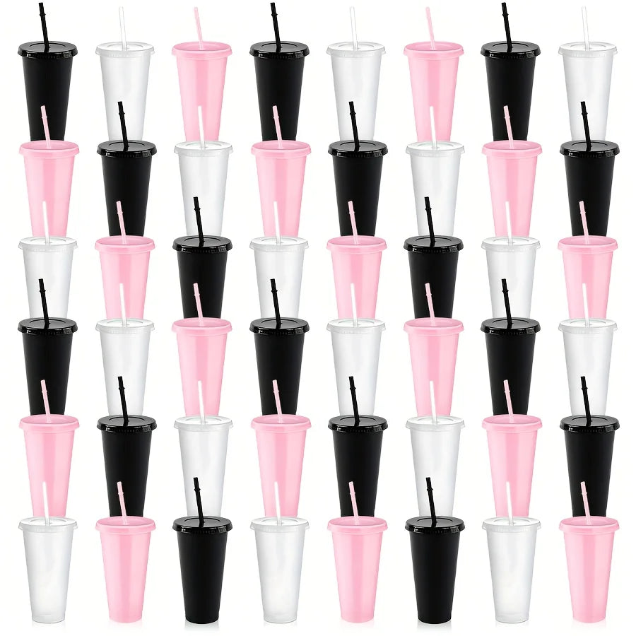 48-Pack Reusable Plastic Sports Cups - Pink, Black, and Clear Pastel Colors - Portable Coffee and Party Cups, Camping Water Bottles, Easy-to-Clean DIY Drink Cups for Weddings, Birthdays, Anniversaries, Picnics, and Easter (24